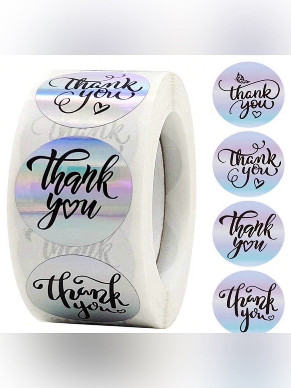 Silver Holographic 'Thank You' Round Sticker Roll - 500 Count